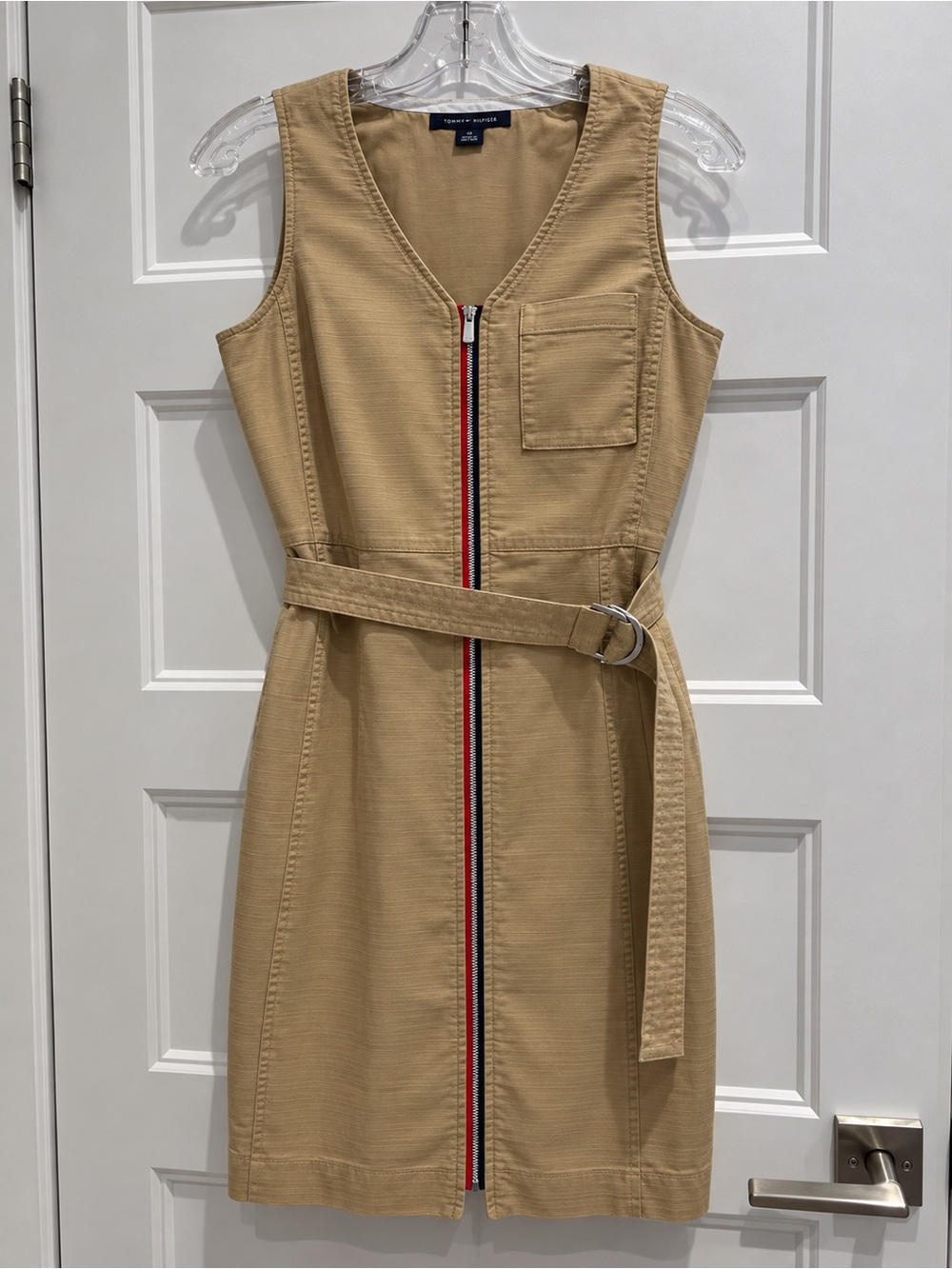 Tommy Hilfiger Khaki Sleeveless Belted Mini Dress with Red-Accent Zip